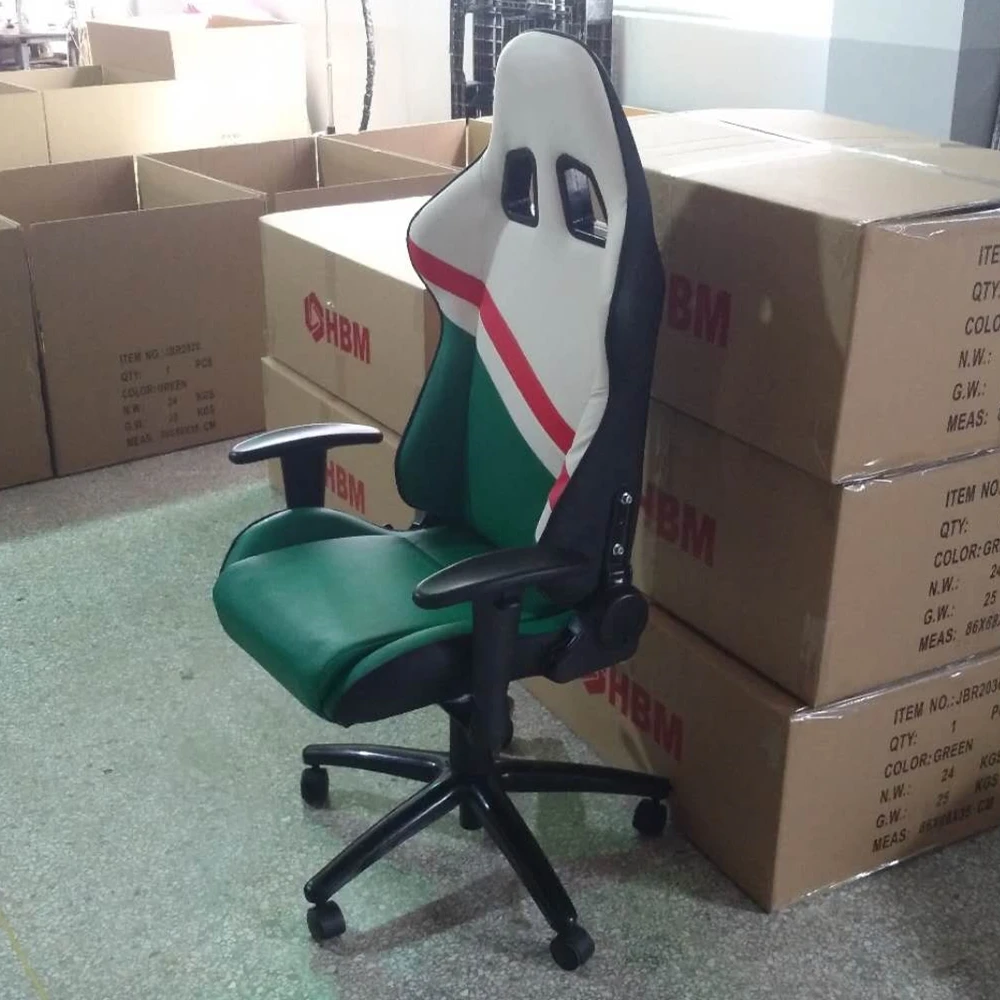 Executive Racing High Back Reclining Chair Gaming Chair With Wheel Green and White Pu leather Office  seat with 3D armrest