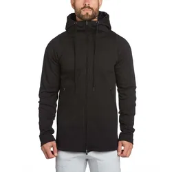 Knee length mens zip up drop tail hoodie with zipper pocket