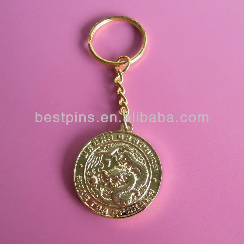 Chinese mascot golden dragon golden metal round key chain