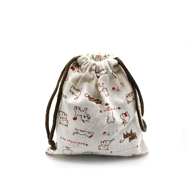 Custom Cute Cat Pattern Practical Canvas Pouch Drawstring Lunch Bag