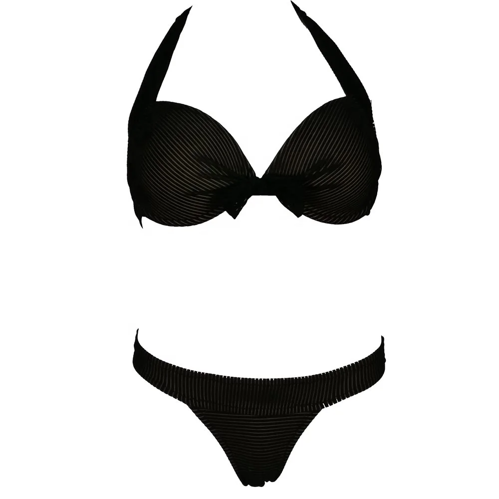
Women Modern Sexy Bikini Bra And Slip 2pcs Set Tie Black Bra And Bottom Jacquard Stripes Fabric 