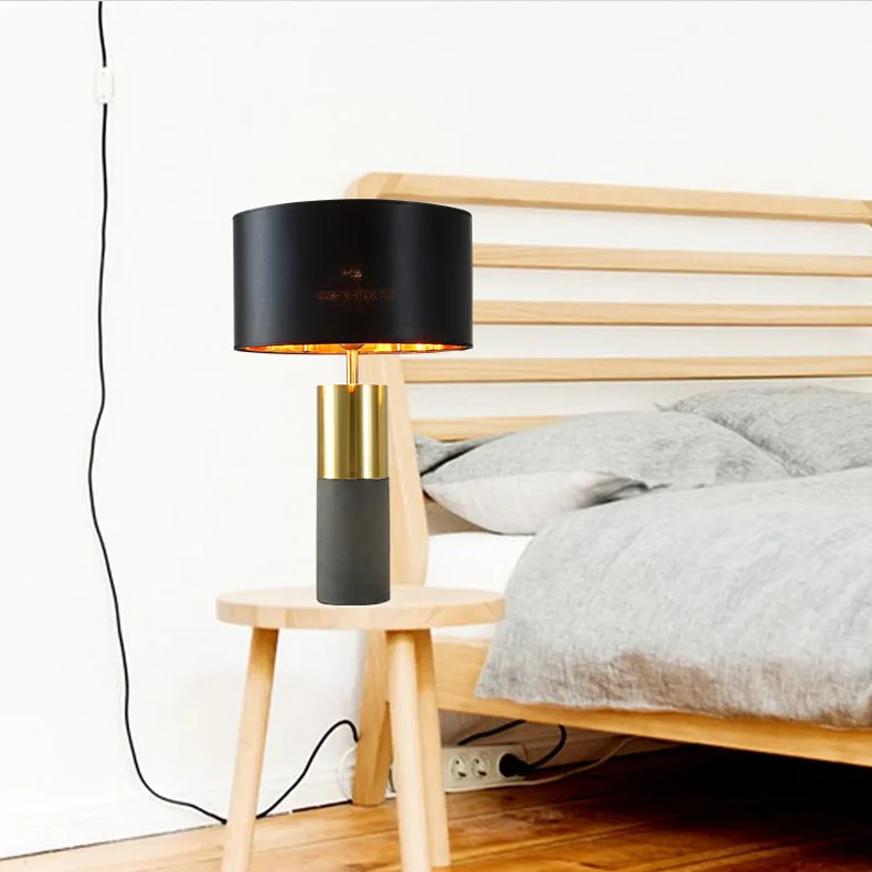 Black gold fabric cement base modern lamp shade bedside hotel luxury light table lamp