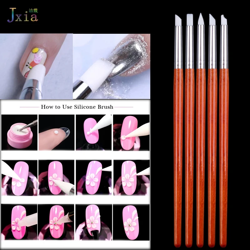 Jiexia 5Pcs/Set Small Size Nail Art Silicone Head Pen Clay Sculpture Carving Painting Brush Set