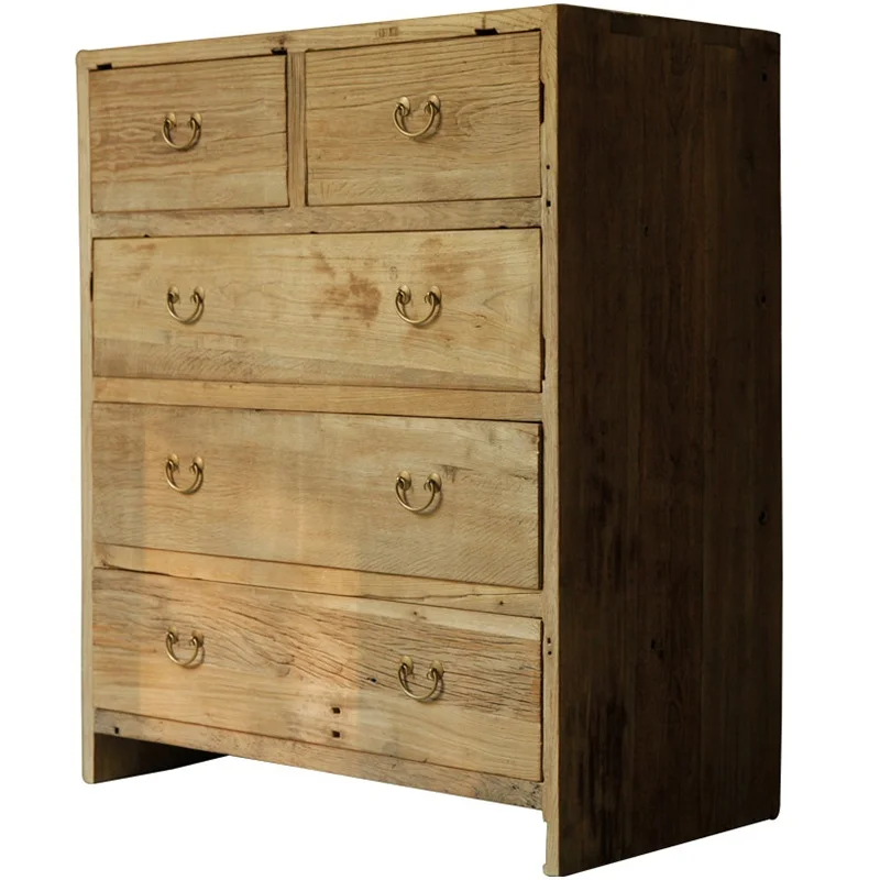 Chinese reclaimed rustic renewable storage furniture environmental-friendly recylcled wood simple 5-drawer cabinet