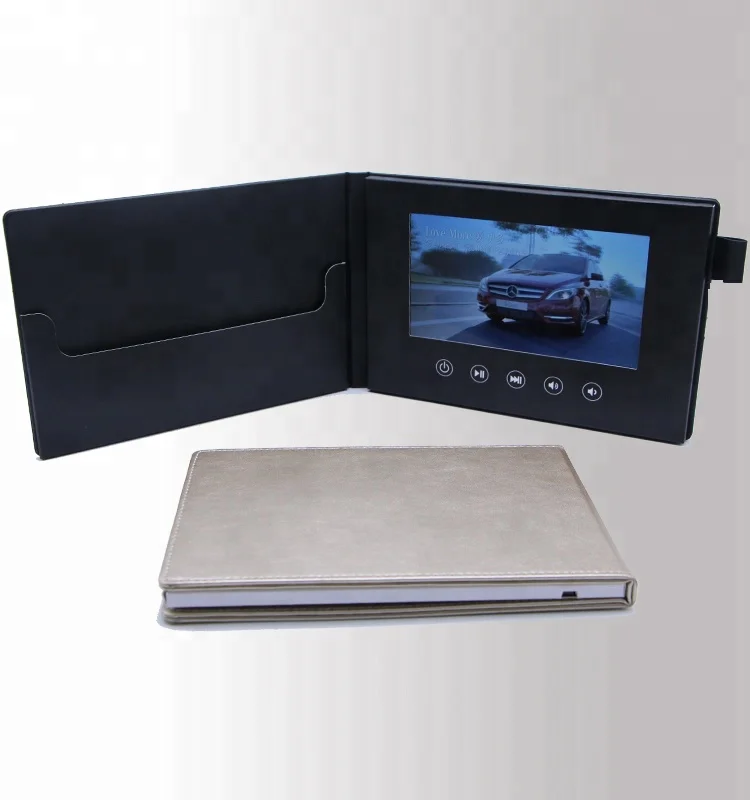 Cheap Luxury PU Leather Cover Invitation Menu 4.3 5 7 Inch Greeting Lcd Folder Video Brochure Card