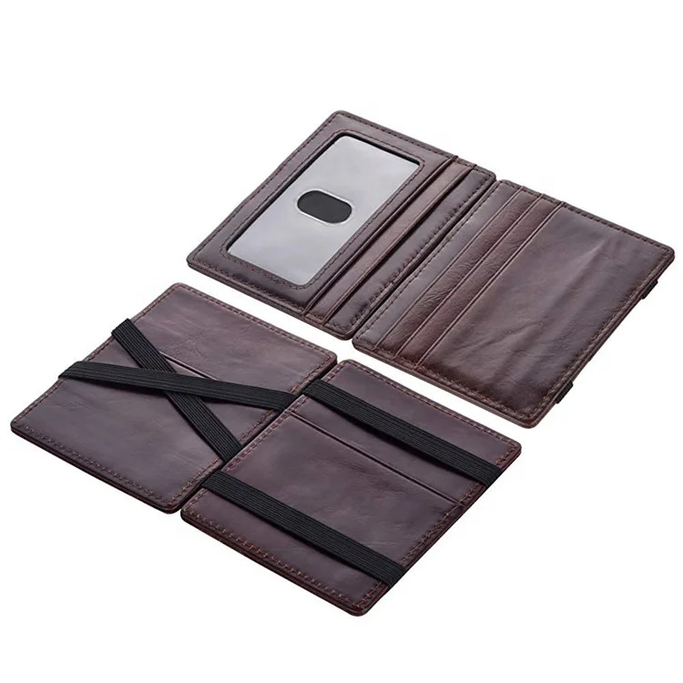 Custom Fashion Genuine Leather Minimalist RFID Blocking Slim Mens Money Magic Wallet with Elastic Straps