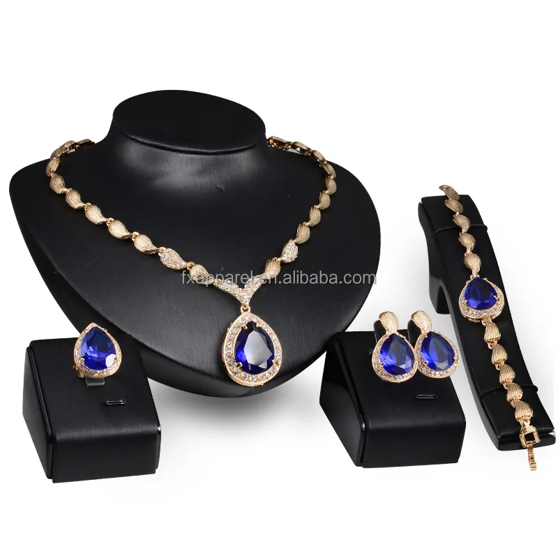 
Beautiful Sapphire Rhinestone Alloy Jewelry Set Necklace Earring Bracelet Ring Sets Wholesale G0120 