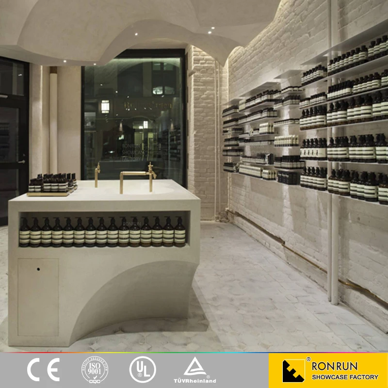 Fashionable wooden makeup store fixture cosmetic shop counter interior design