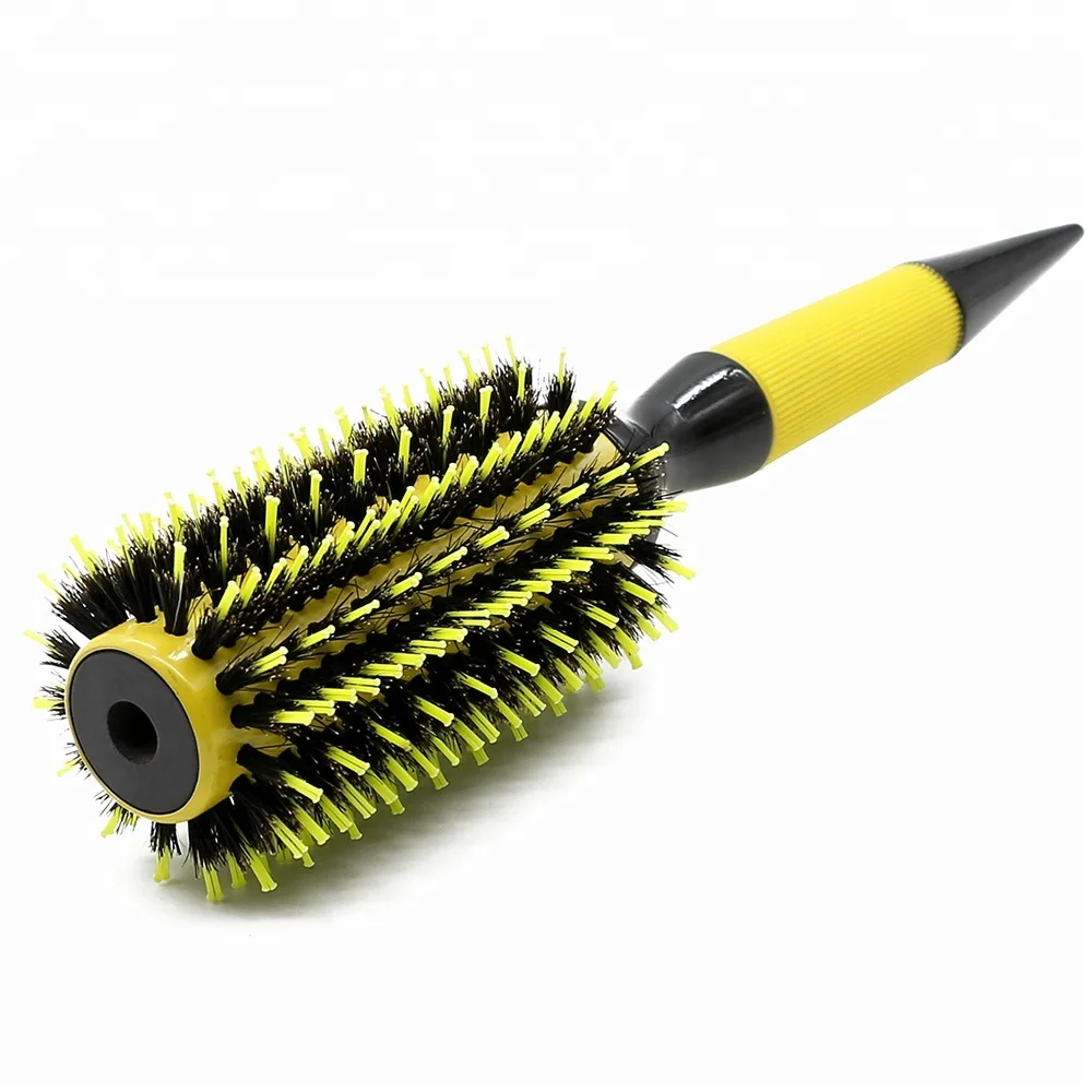 Shining Yellow Ceramic Coating Barrel Round Brush Boar Bristle Curling Hair Brush