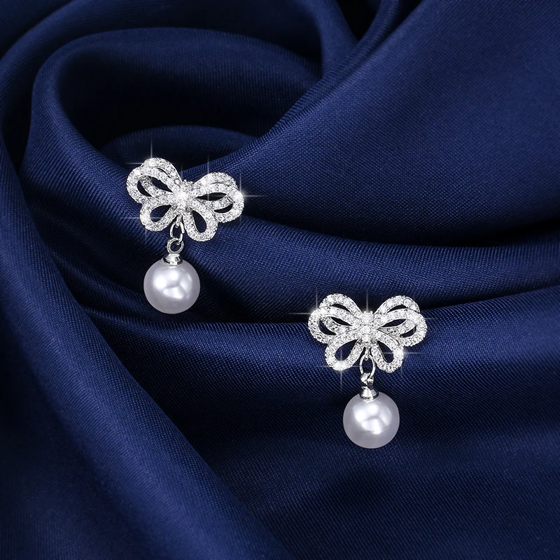 High Quality Rhodium Plated Shell Pearl and Cubic Zirconia CZ Crystal Pave Cute Bow Drop Earring