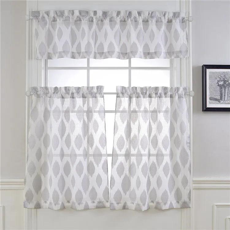 Sheer Kitchen Curtain 3 Piece Woven Check Design 1 Valance 2 Tier Panels