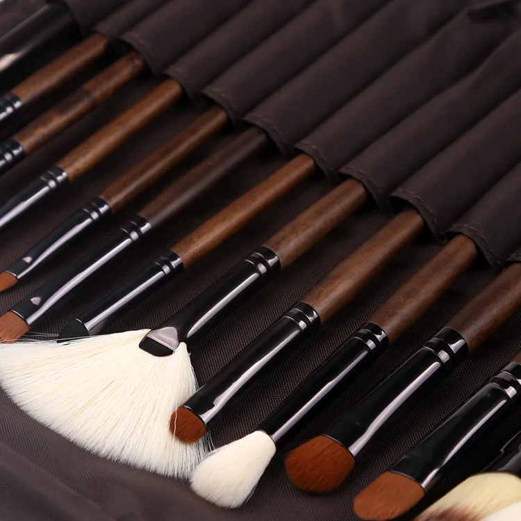 15pc High End Real Walnut Handle Private Label Makeup Brush Set Leather Case for Contour Foundation Brush Set with Dark Brown