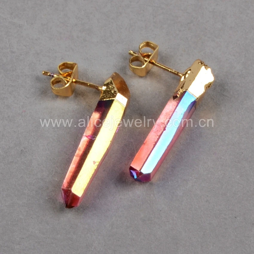 G0363 Good Quality Electroplated Stone Point Earrings, Stone Stud Earrings, Quartz Stone Earrings