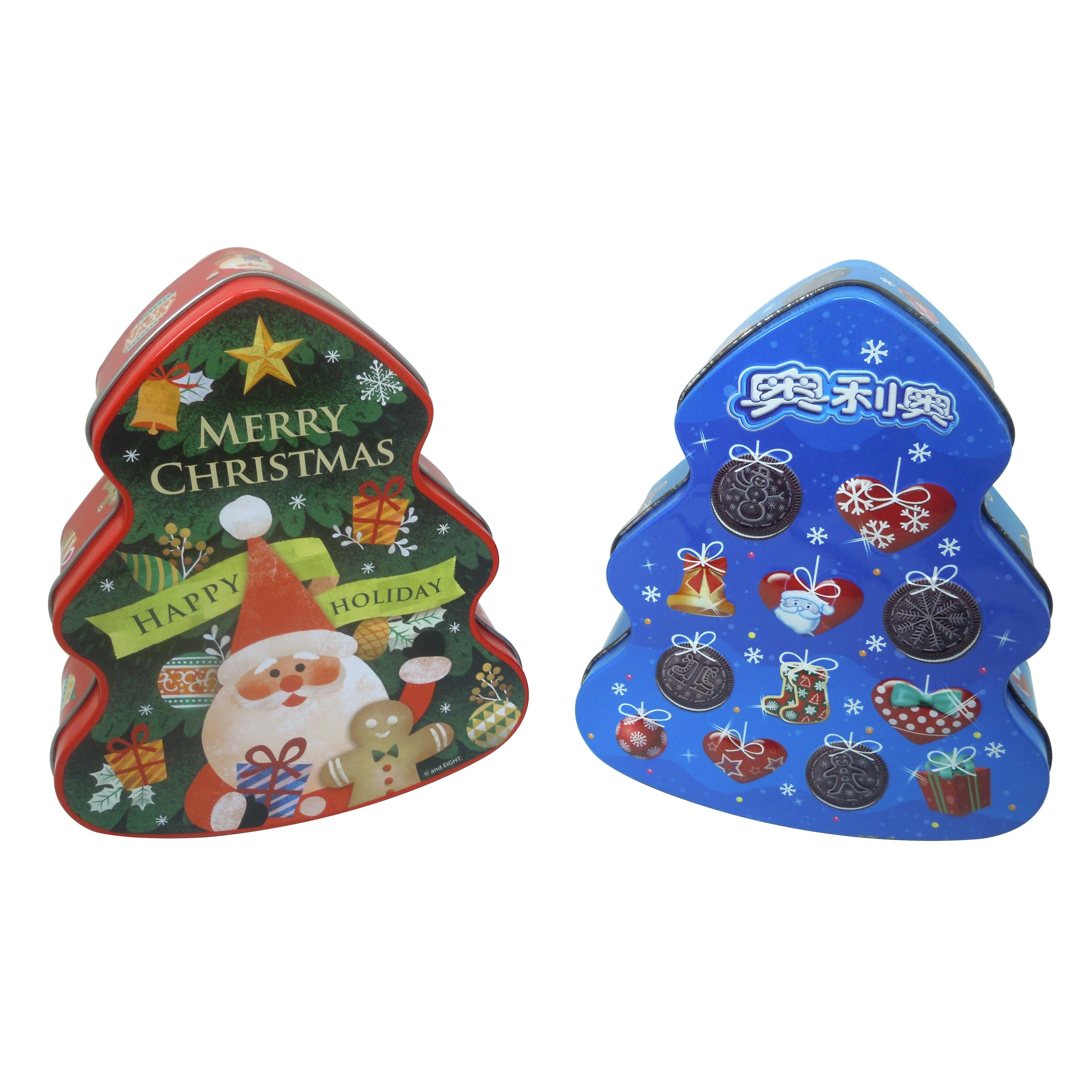 Factory custom candy metal tin cans nice Christmas tree shape hot sale cookie tin box for gift packaging