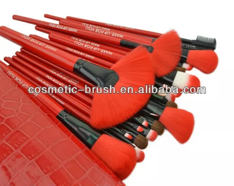 Red 24pcs Makeup Brush Set Professional Airbrush Makeup Kit/Kits with Red crocodile Pattern Leather Bag/Case