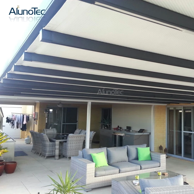 Wall Hanging Waterproof Motorized Retractable Awnings Pergola With Led Light For House Corridor