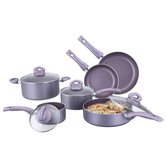 10 Pcs New Design Aluminum Anti-bacteria Ceramic Nonstick Coating Cookware Set Purple Pots and Pans Set Healthy Cookware Sets