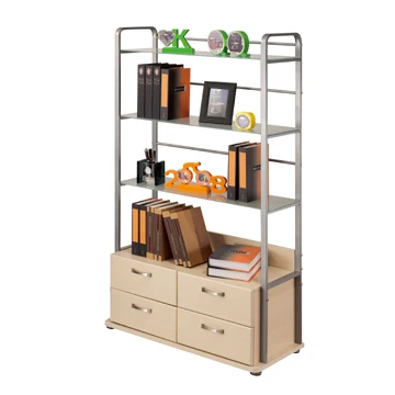 Modern Home Furniture Wrought Iron Frame Wooden Bookshelf With Drawers