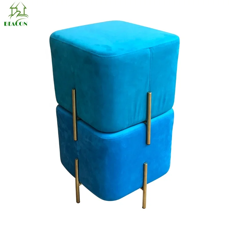Modern Home use Fabric Square Ottoman Stainless Steel Gold Finish Velvet Foot Stool
