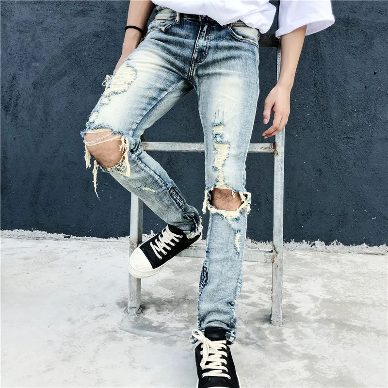 OEM  new style ripped pent style stock dropshipping 	men jeans trousers