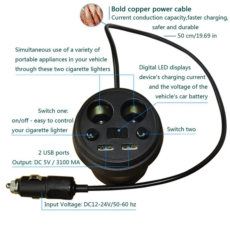 Интеллектуальный многофункциональный Dual USB 3.1A 2 Прикуривателя автомобильное зарядное устройство usb
