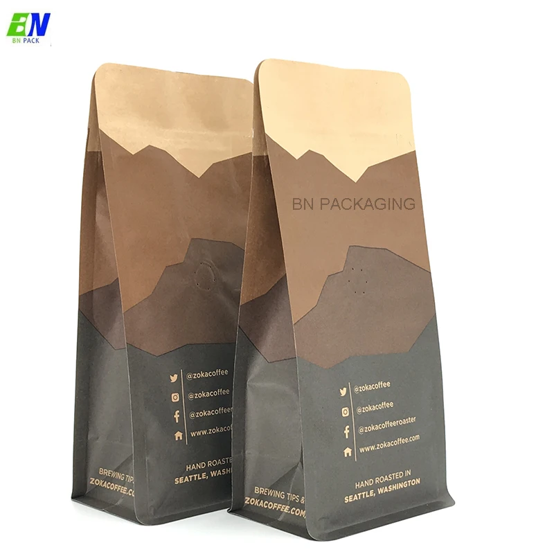 Custom logo Kraft paper+PLA biodegradable box bottom pouch bags with compostable valve