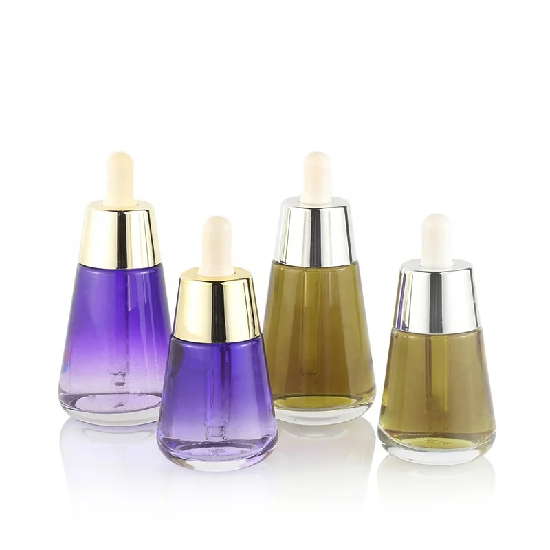 Quality transparent conical translucent brown/purple essence stock glass dropper bottle