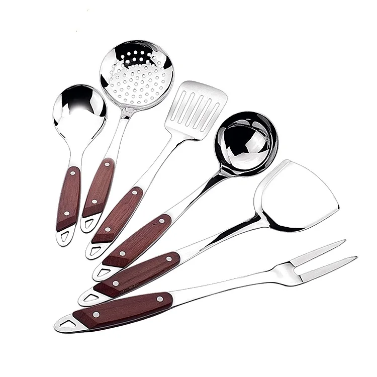 Deluxe design stainless steel kitchenware with wood handle, wooden handle kitchen utensils