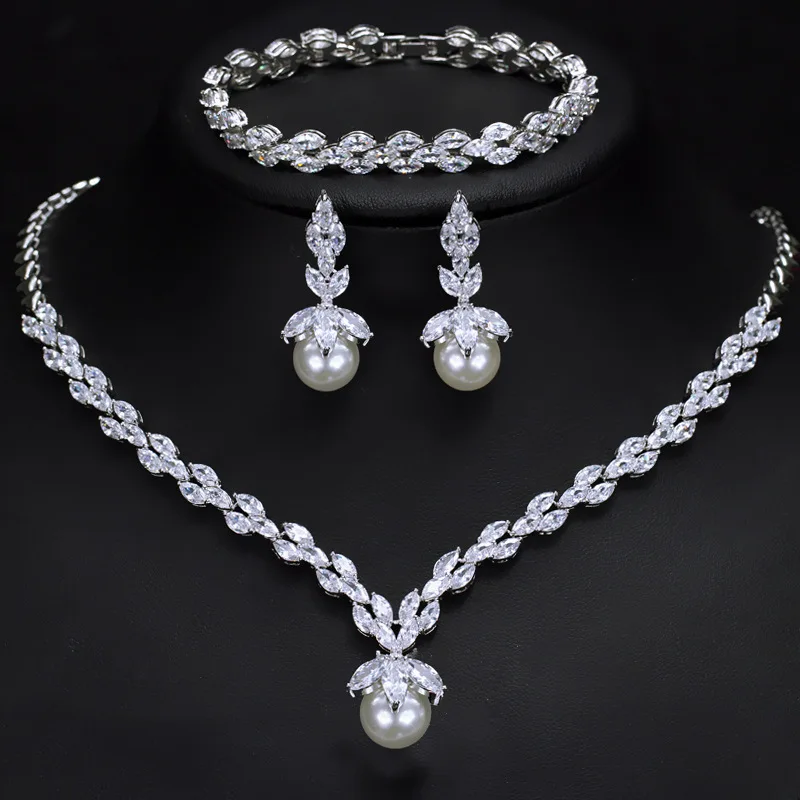 Top Quality 3 in 1Pearl Silver Cubic Zirconia Evening Dress Wedding Accessories Bridal Jewelry Sets