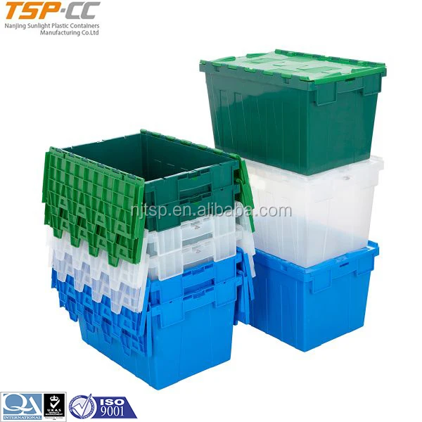 Attached Lids Security Crates, Plastic moving crate sale, plastic crates