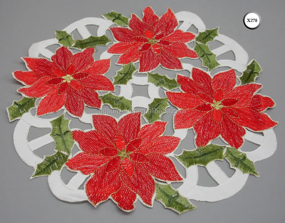 
christmas design embroidered doily and placemat with hand cutwork 