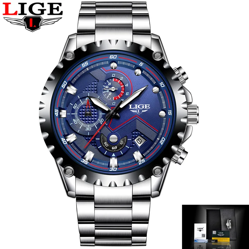 Man Clock Fashion Sport Quartz Watch Men Business High-end Watches LIGE Alloy Stainless Steel Round Analog Hook Buckle