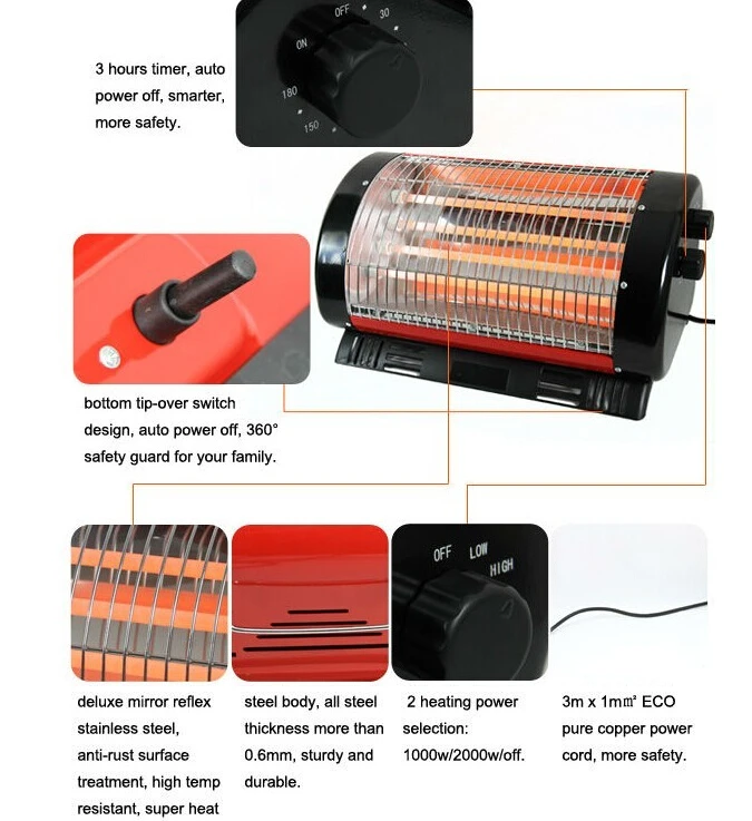 Portable 2000W 220-240V for home Bedroom  Living Room Freestanding Electric Patio Heater Quartz Heater
