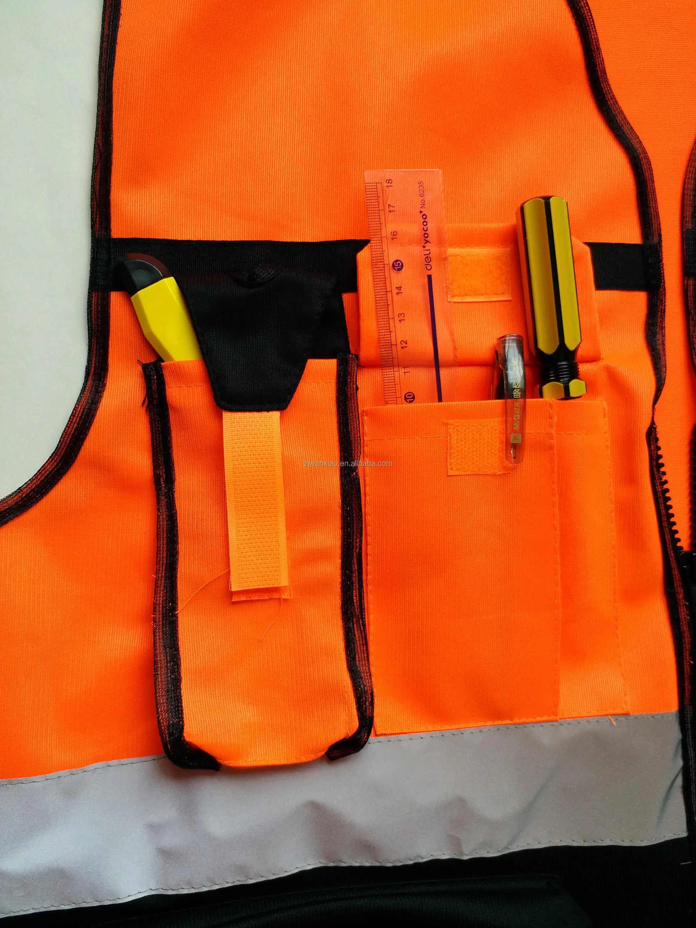 Wholesale Promotion Polyester Orange Black Fabric Reflective Safety Vest With Pockets cheap reflective work