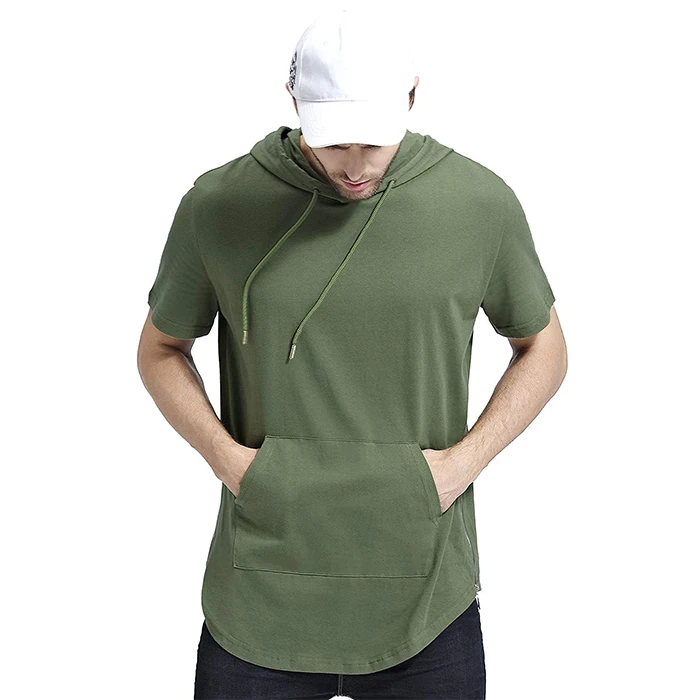 Hipster Hip Hop Elong Longline Hoodie Side Zipper Stretchy Short Sleeve Curved Hemline Gym Tshirt Hoodies