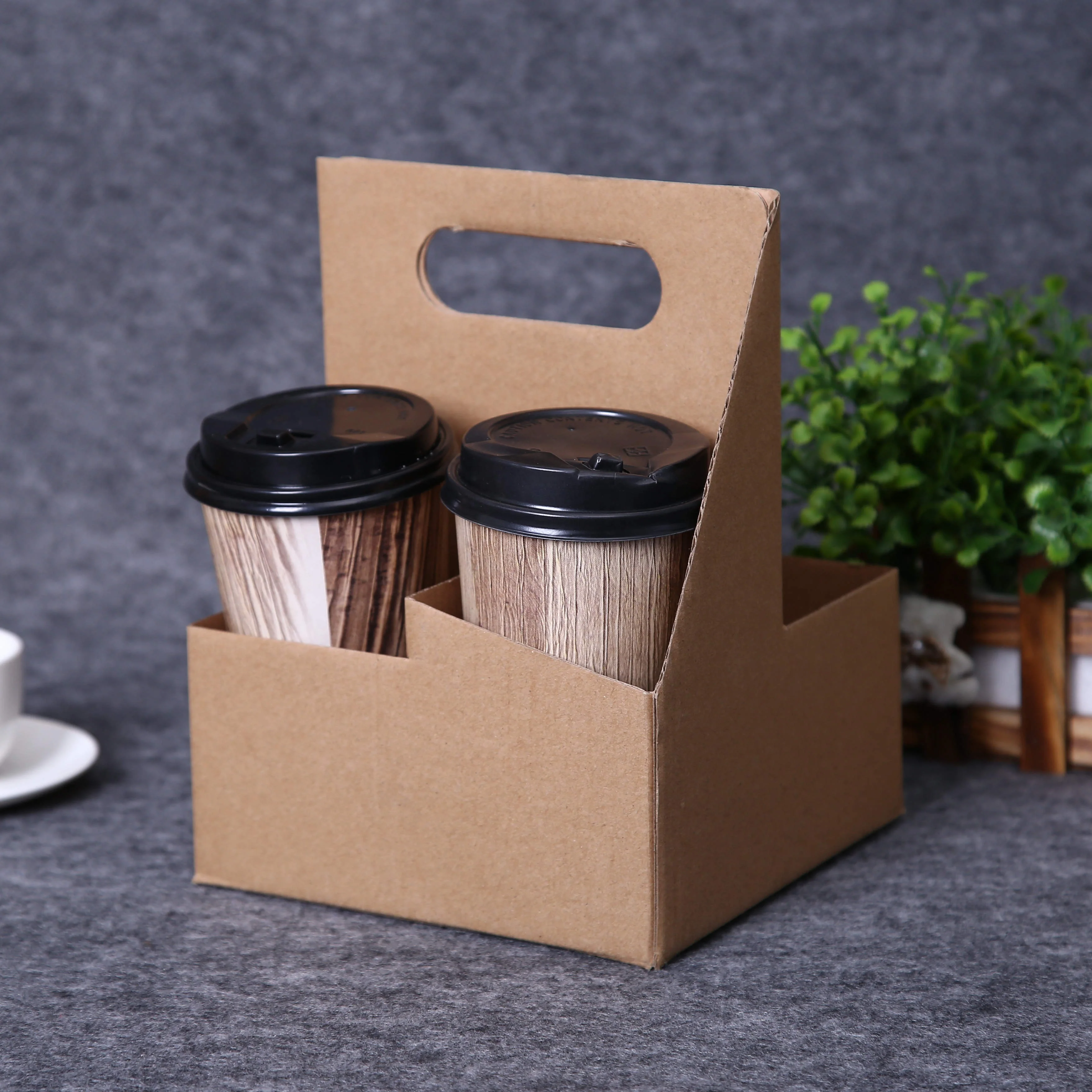 Wholesale Kraft Corrugated Paper 4 Cup Carriers Paper Cup Holder Tray with handle