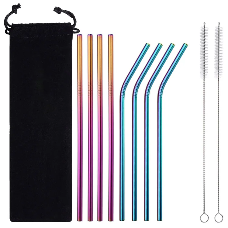 Reusable Stainless Steel 18/8 Cocktail Drinking Straws Metal Straw Cleaning Brush