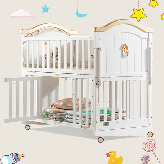 Newest design solid wood baby swing Super storage space wooden baby cradle with universal wheel