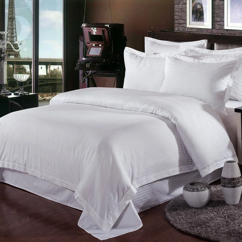 Wholesale 5 star luxury hotel duvet cover sets white 100 cotton satin stripe fabric hotel bedding set