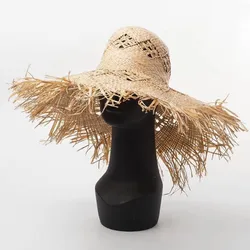 Hollow Design Pattern Summer Fashion Girls Floppy Big Brim Women Lady Beach Raffia Straw Hat with Frayed Brim