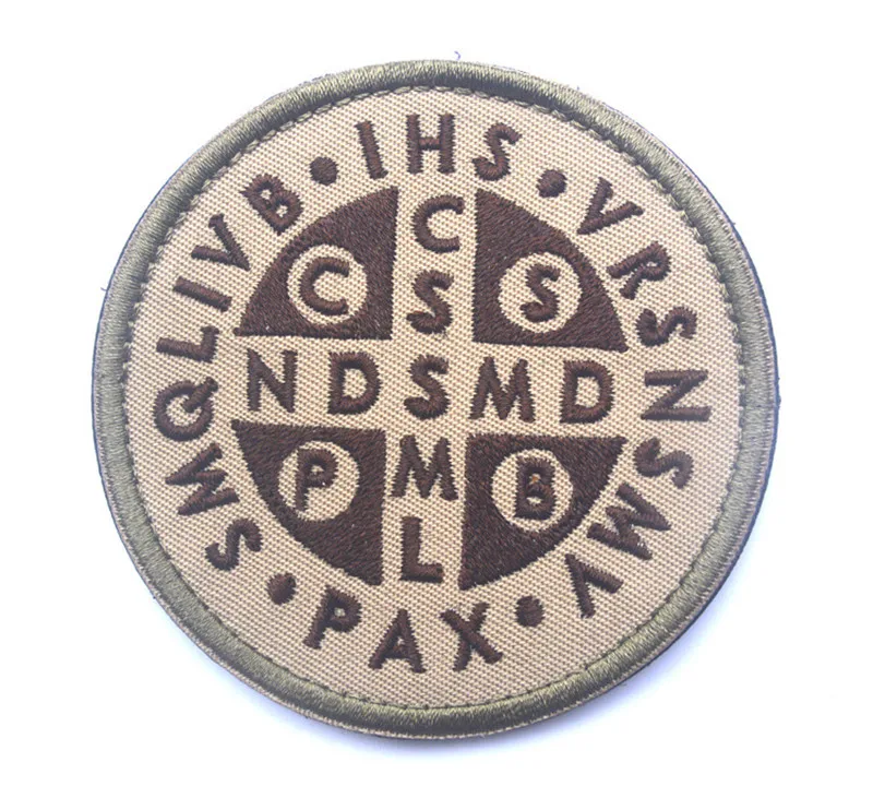 OEM  Saint Benedict Cross Patch Burnt Bronze Catholic USA Tactical Badge Embroidered Patches