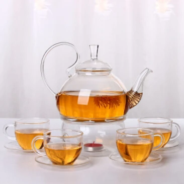 Haonai heat resistant glass teapot set with warmer and 6 double layers tea cups