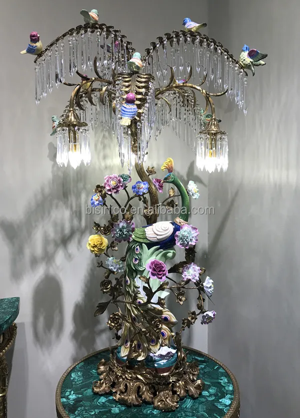 Golden Peacock Multiple Droplight Bronze Table Lamp, Antique Brass Desk Light With Colorful Sparrow Perched On The Trunk