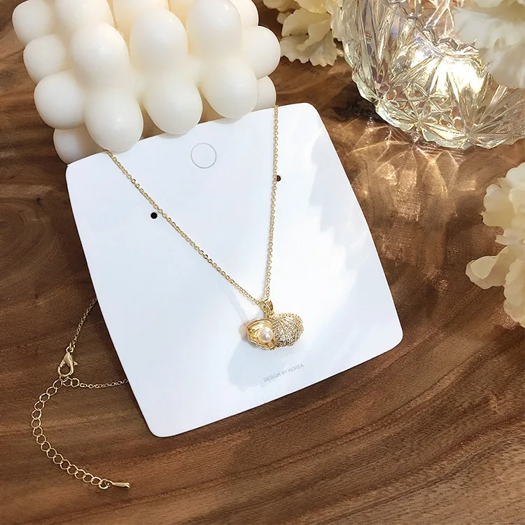 French elegant gold exquisite chic ocean full diamond crystal fan shell pearl necklace cowrie shell pearl beads pendant necklace