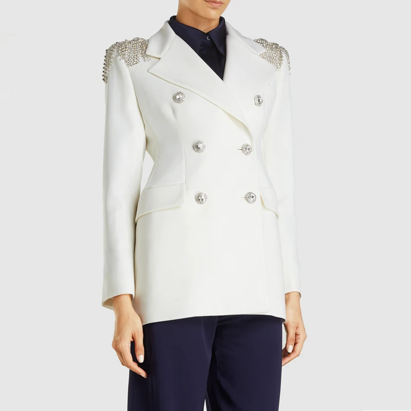 Модный дизайн украшенный кристаллами индивидуальный Повседневный белый блейзер для женщин