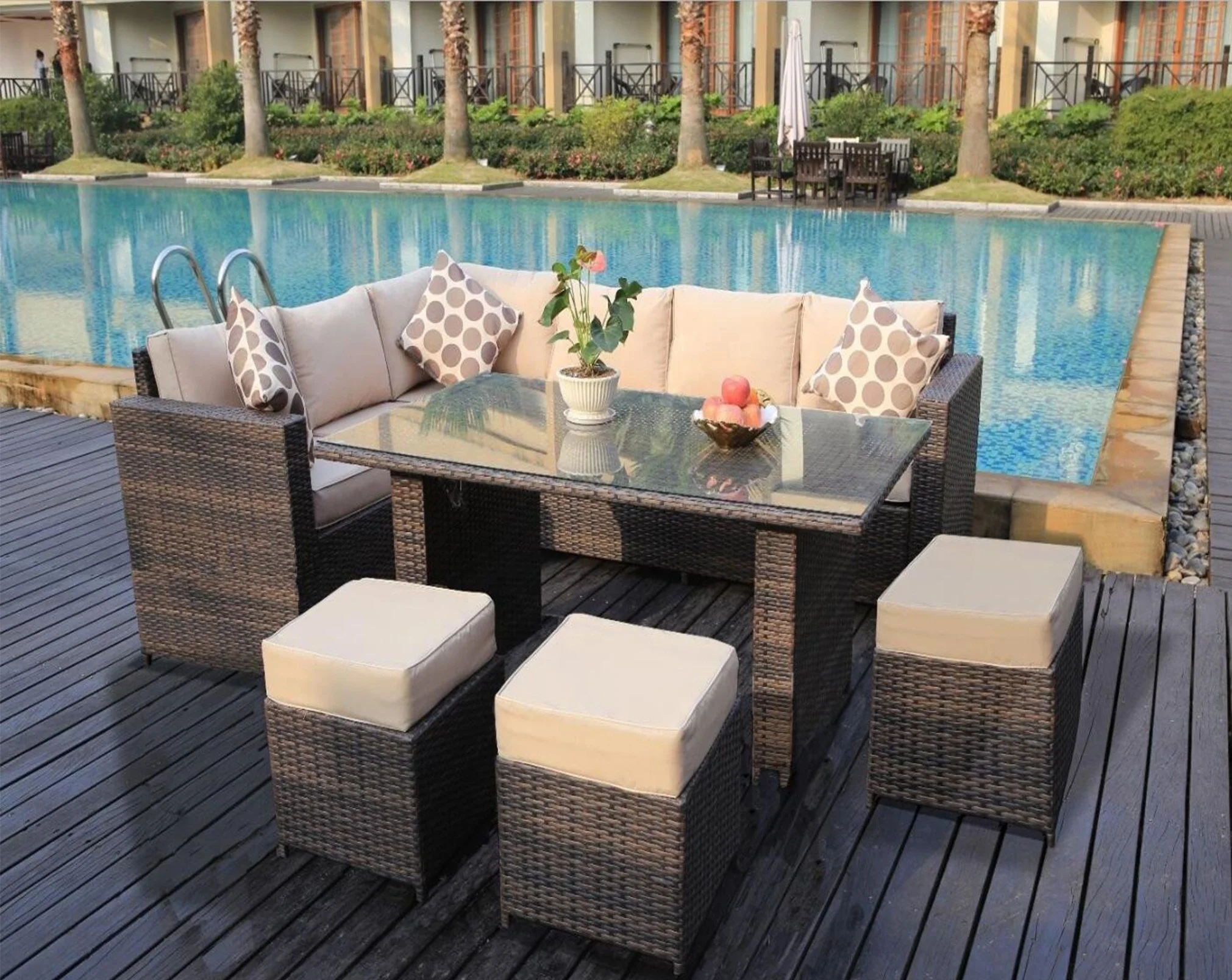 Rattan Outdoor Furniture Garden Set Corner Sofa with Rattan Dining Table