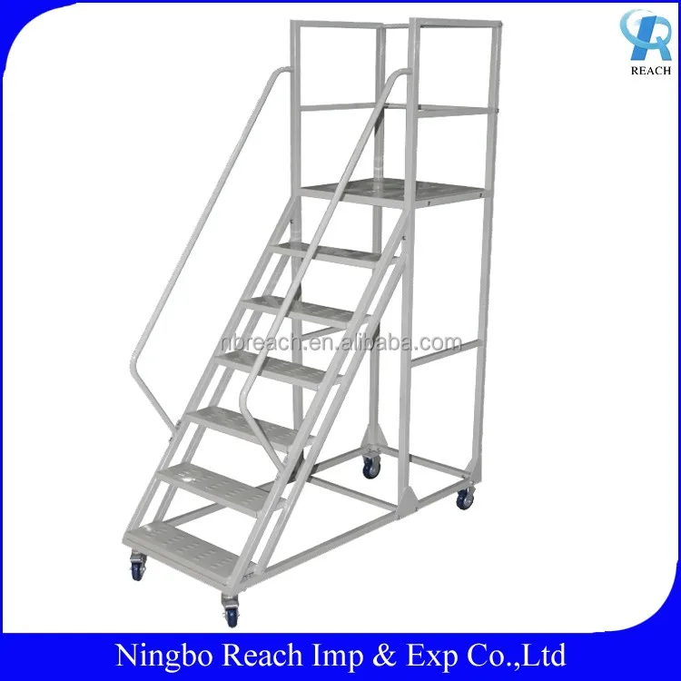 Warehouse Steel Safety Rolling Mobile Platform Ladder with Handrails