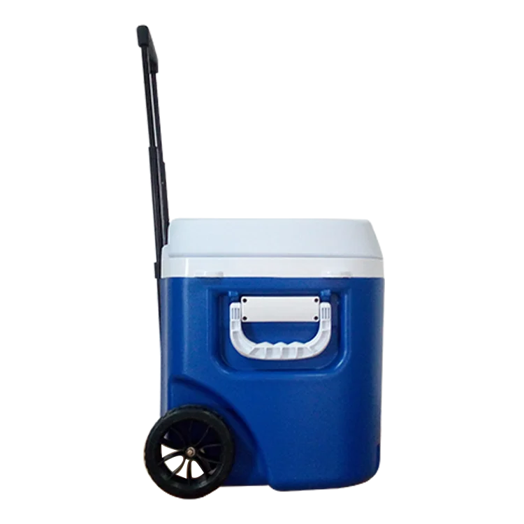 Plastic camping cooler box with wheels, keep foods fresh cooling box, barbecue foods storage