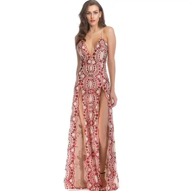 Modern women bulk sequin beaded sexy split maxi long dinner evening gown dress