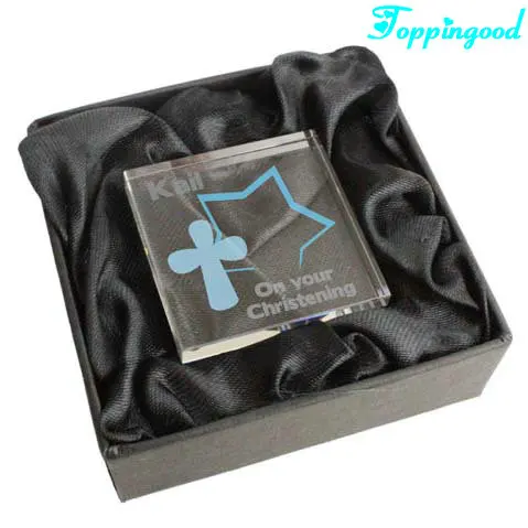 Pink Cross On Your Christening Crystal Block For Boy Church Souvenir